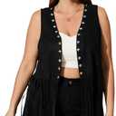 OYOANGLE Women's Plus Size Studded Fringe Trim Open Front Sleeveless Faux Suede Vest Jacket (3X-Large Plus, Black)