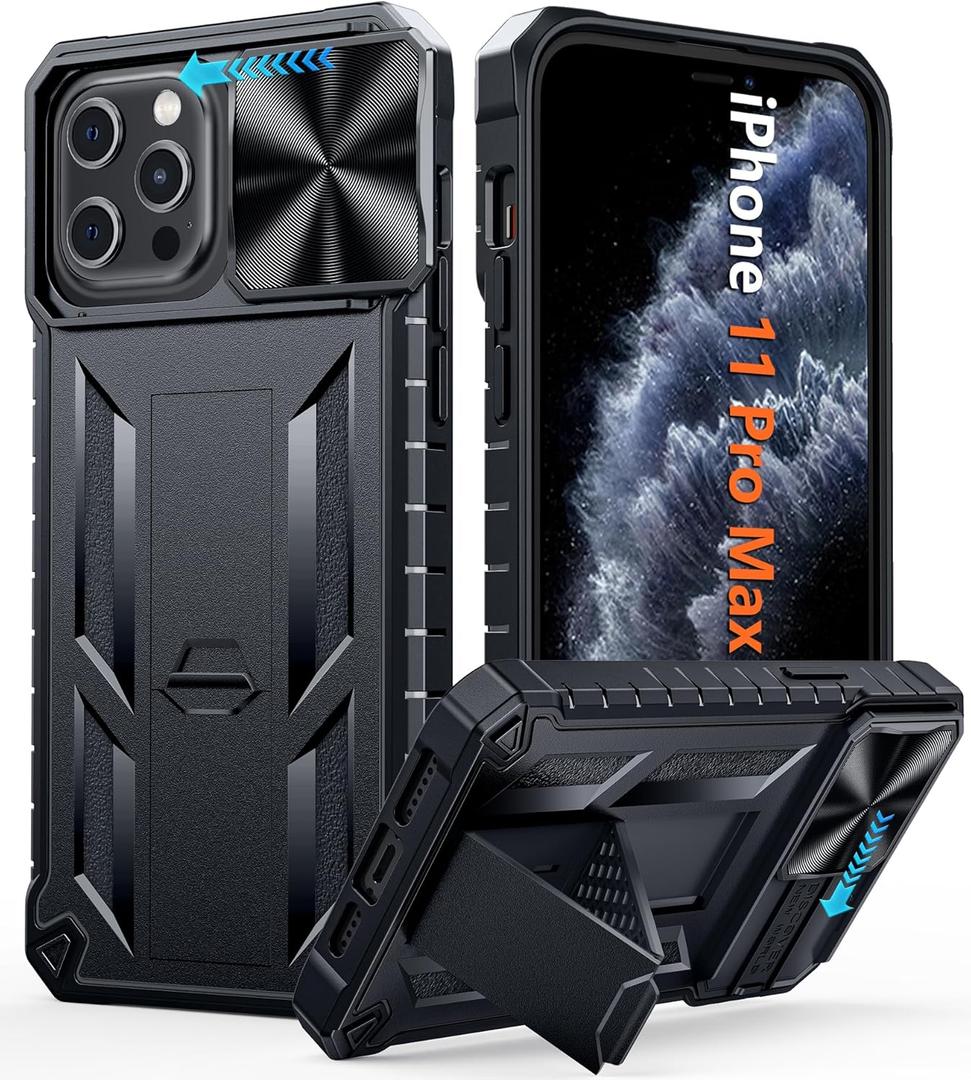 FNTCASE for iPhone 11 Pro-Max Case: Military Grade Drop & Shock Protection Cell Phone Cover with Kickstand & Slide | Rugged Protective Bumper Textured (Black)