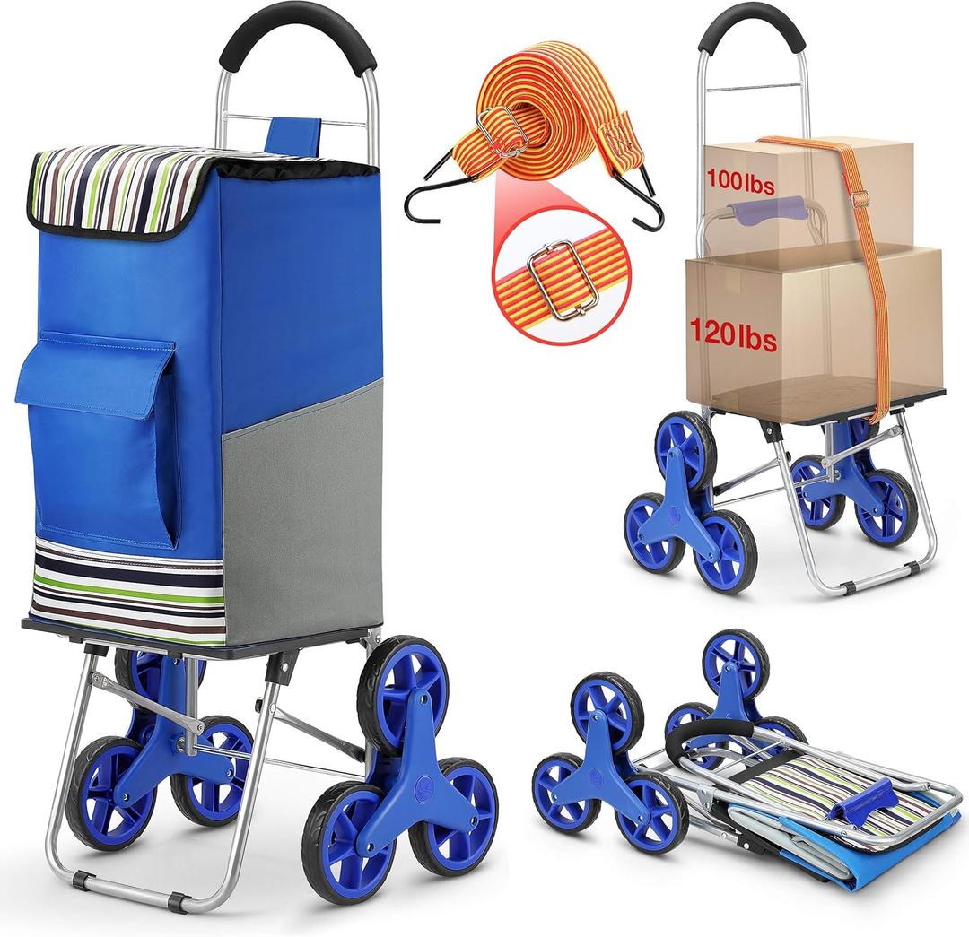 Shopping Cart, Super Loading Stair Climber 220 lbs Capacity, Grocery Foldable Trolley with Extra Large Shopping Bag Laundry Utility Cart with Adjustable Bungee Cord, blue