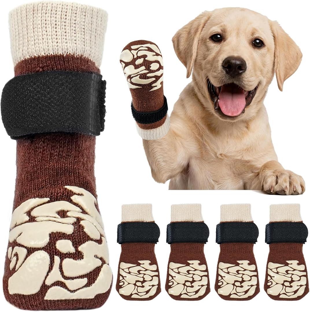 Kuoser Non-Slip Dog Socks, 2 Pairs Socks to Prevent Licking Paws, Paw Protectors for Hot Pavement, Hardwood Floors, Traction Control for S(paw width：2"), Brown
