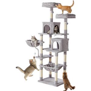 Sweetcrispy 71 inch Cat Tree Tower, Large Multi Level Cat Climbing Tower with Condo, Natural Sisal Scratching Posts, Platform, Hammock, Basket, Tall Pet Tree House for Indoor Cats Play, Light Grey