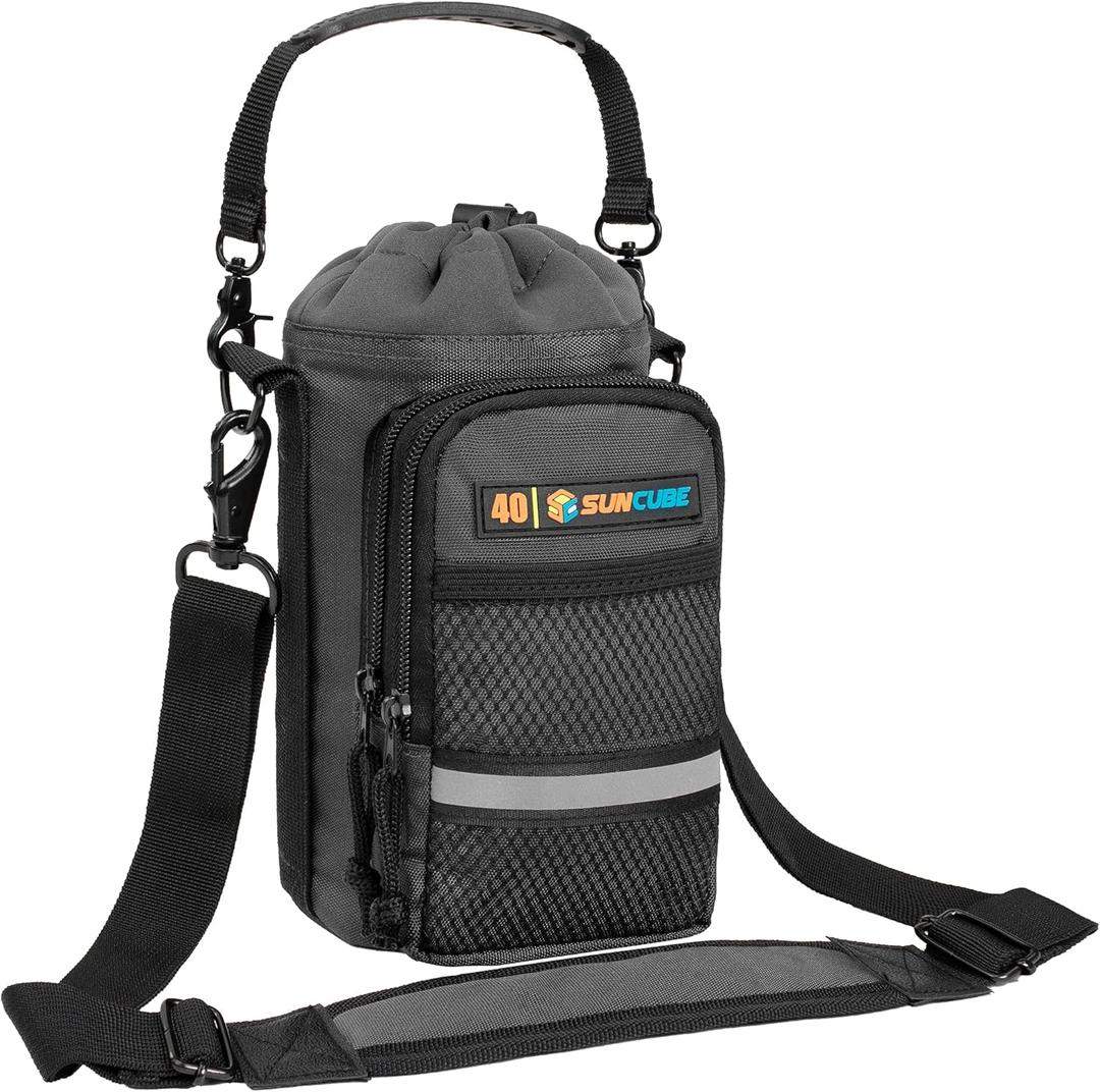 SUN CUBE Water Bottle Carrier with Strap, Insulated Water Bottle Carrier Bag with Phone Pocket Pouch, Sleeve Sling Purse Crossbody Bottle Holder for Walking, Sports, Hiking Accessories 40/64 oz (Gray)