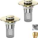 Sink Stopper Hair Catcher(2PCS), Pop-up Sink Drain Strainer with Removable Stainless Steel Strainer Basket Hair Catcher, Bathroom Sink Strainer for Bathroom Sink Stopper Replacement(Brushed Gold-2PCS)