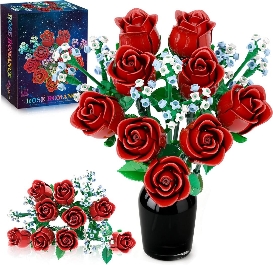 Roses Flowers Bouquet Building Set for Adults, Red Rose Flores Botanical Collection Kits Compatible with Lego Flower, Christmas Valentines Day Gifts Women Girls