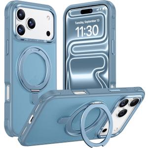 Temdan Designed for iPhone 17 Pro Max Case,[with 360Rotatable Invisible Magnetic O-Ring Stand][Military Grade Shockproof][Compatible with MagSafe] Anti-Slip Translucent Matte Phone Case 6.9" 2025 (Light Blue)