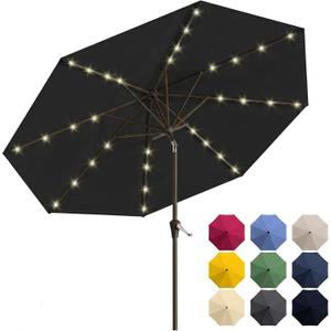 10FT Solar Patio Umbrella with Lights, Outdoor Table Market Umbrella with 32 LED Lights, 8 Sturdy Ribs, Push Button Tilt and Crank for Pool, Deck and Garden, UV-Resistant