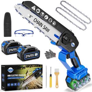 Mini Chainsaw 8-inch, Portable Electric Chainsaw Cordless, Handheld Power Chain Saw with 2 Batteries, Garden Tools for Tree Trimming Wood Cutting, Gifts for Dad, Husband, Men, Women