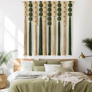 Macrame Wall Hanging Large Boho Wall Decor Natural Green Jute Sphericity Cotton Textile Wall Hanging Geometric Art Fiber Yarn Art Handmade For Living Room Bed Room Apartment Wedding Party 39" Wx39" L