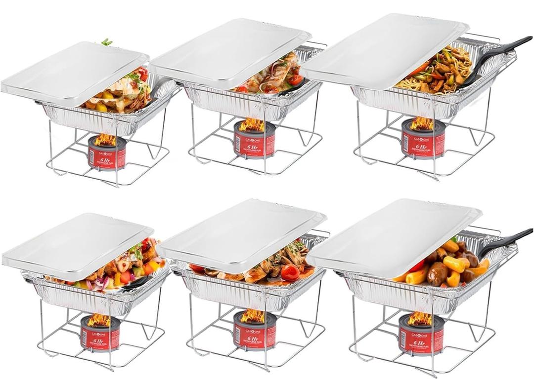 6 Pack - Disposable Chafing Dish Buffet Set, Welded Body Food Warmers for Parties, 6hr Fuel Cans Complete Set, Half Size Pans, Warming Trays