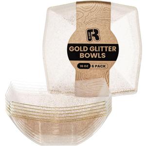 R-kay 6 Pack Gold Glitter Plastic Serving Bowls -16 Oz Gold Plastic bowls 16 Oz - Disposable Serving Bowls Heavy Duty For Weddings Catering And Birthday parties