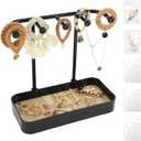 WCHOSOZH Jewelry Organizer Stand, Necklace Holder with Wooden Tray 5 Storage Hooks, Earring Holder with 5 Pcs Jewelry Bags for Bracelet,Chains,Rings,Earrings,Keys Watches,Necklaces (Black)