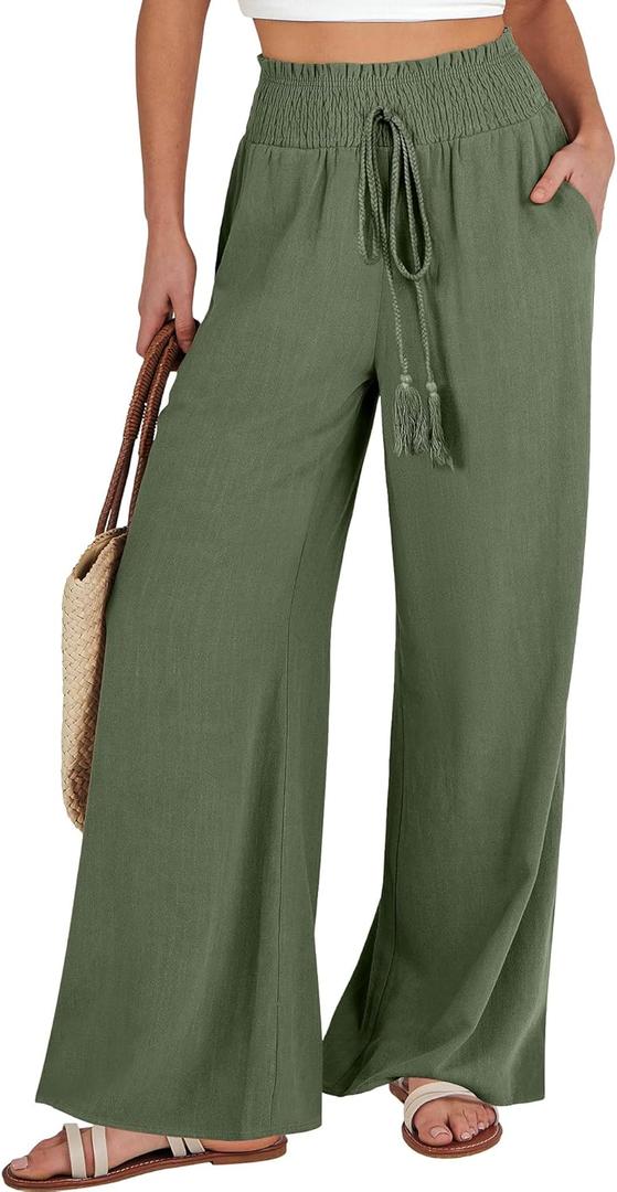 ANRABESS Women's Linen Pants Summer Casual Palazzo Beach Pant Drawstring High Waist Wide Leg Trousers Vacation Outfits, Small, Deep Green (Green)