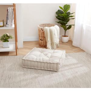 Floor Pillow Large Square Tufted Decorative Cushion 20" x 20" Faux Velvet Fabric Ultra Thick Fill for Kids and Adults, 1 Pack, Ivory