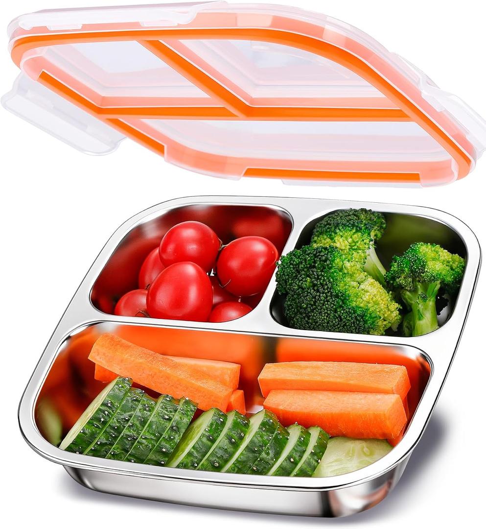 KTKUDY Stainless Steel Bento Box for Kids & Adults 3 Compartment Snack & Lunch Container, Stackable & Ideal for Meal Prep, Daycare, School, Office, Travel