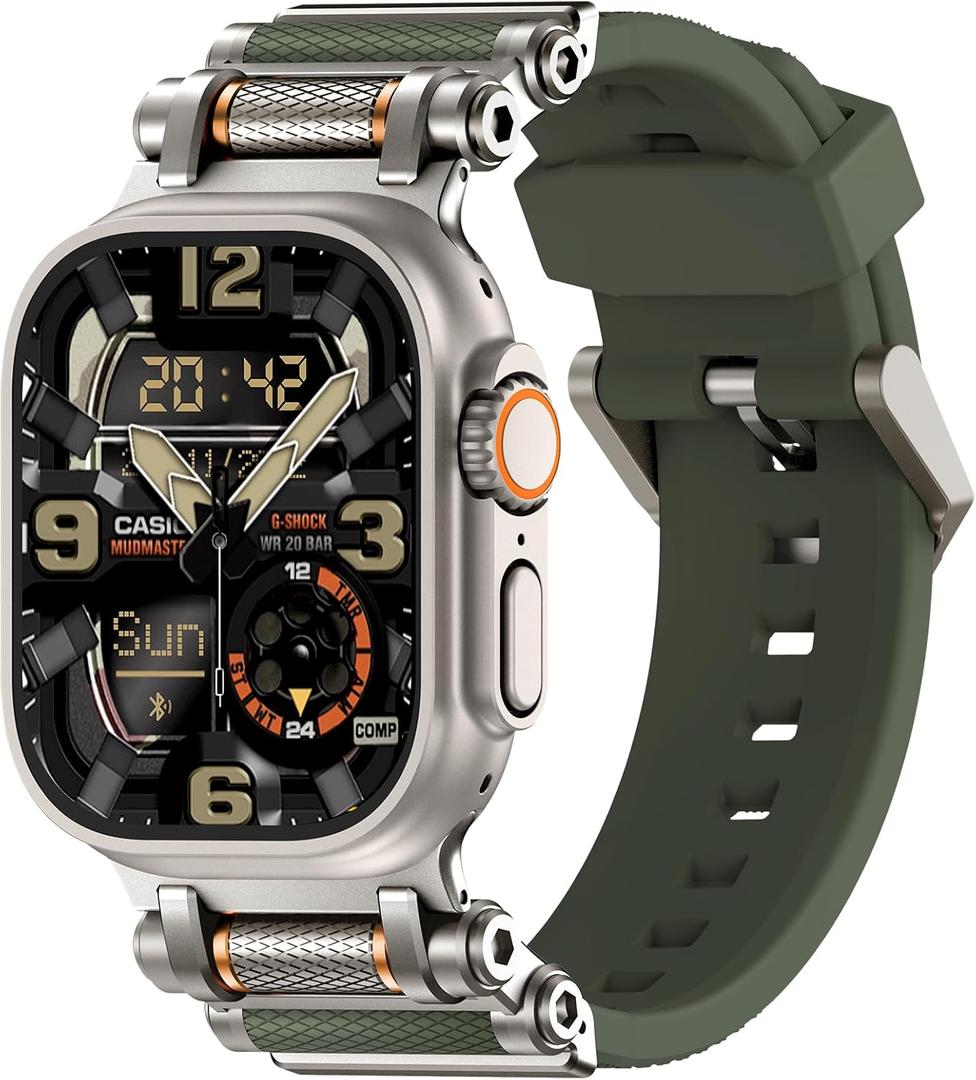 TAURI Silicone Band for Apple Watch Bands SE/Series 9/8/7/6/5/4 44/45mm [Stainless Steel Metal Connector + Liquid Silicone Strap] for iWatch 45mm/44mm Adjustable Band Men Women, Army Green