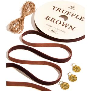 Vitalizart Brown Velvet Ribbon Set 3/8" Continuous Fabric Trim Thin Ribbon 15Yd for Gift Wrapping, Tree Ornaments, Vintage Christmas Paper, Crafts, Bows, Holiday Decor with Gift Twine (Refined Truffle Brown)