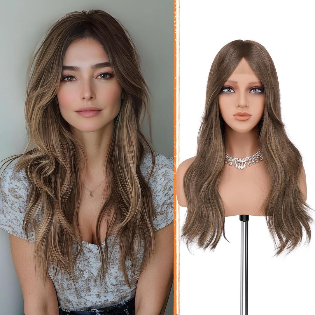 Haloo Blonde Brown Wigs with Curtain Bangs - Lace Front Hairline Middle Part Long Layered Natural Looking Wavy Hair Synthetic Women Wig for Daily Party, 22 Inch Blonde Mixed Brown