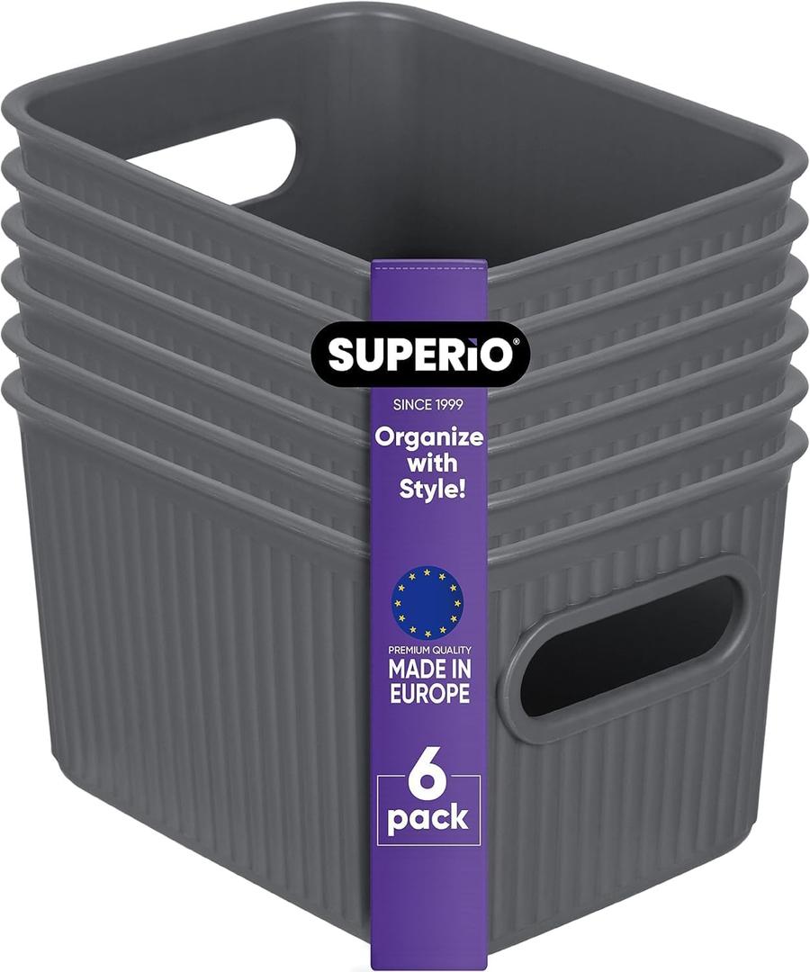 Decorative Plastic Basket Open Home Storage Bins Organizer Baskets, Small Grey (6 Pack) Container Boxes for Organizing Closet Storage Bins for Shelves Drawer Shelf - Ribbed Collection 1.5 Liter