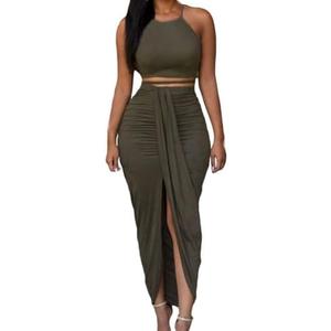 HUUSA Women's Sexy 2 Piece Skirt Sets Elegant Bodycon Maxi Dress Sleeveless Tank Shirt Tops High Waist Ruched Slit Long Dress M