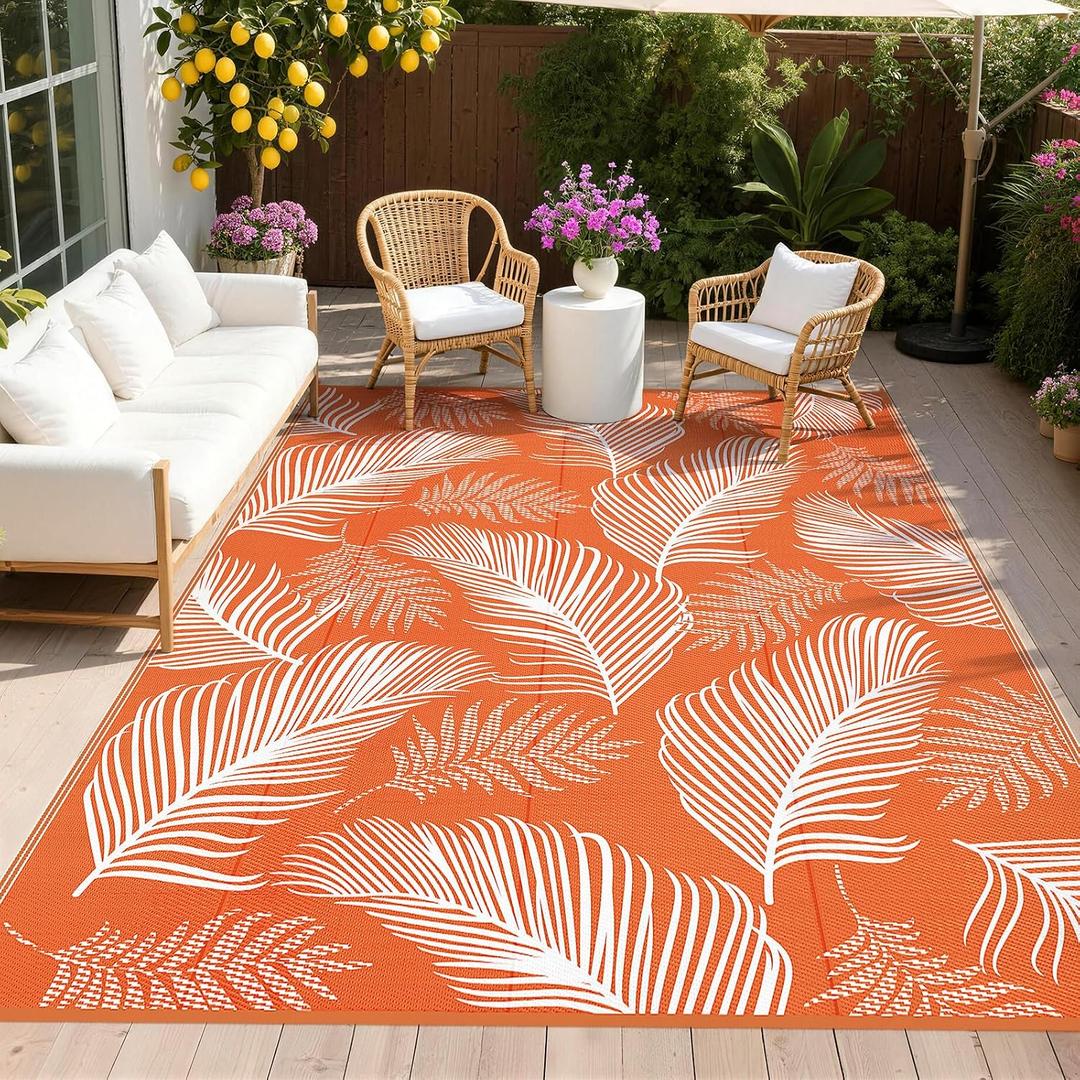 Pauwer Waterproof Outdoor Rug 9x12, Reversible Plastic Straw Patio Camping Rug, Indoor Outdoor RV Mat Carpet for Deck, Camper, Porch, Balcony, Backyard, Picnic, Leaf Orange