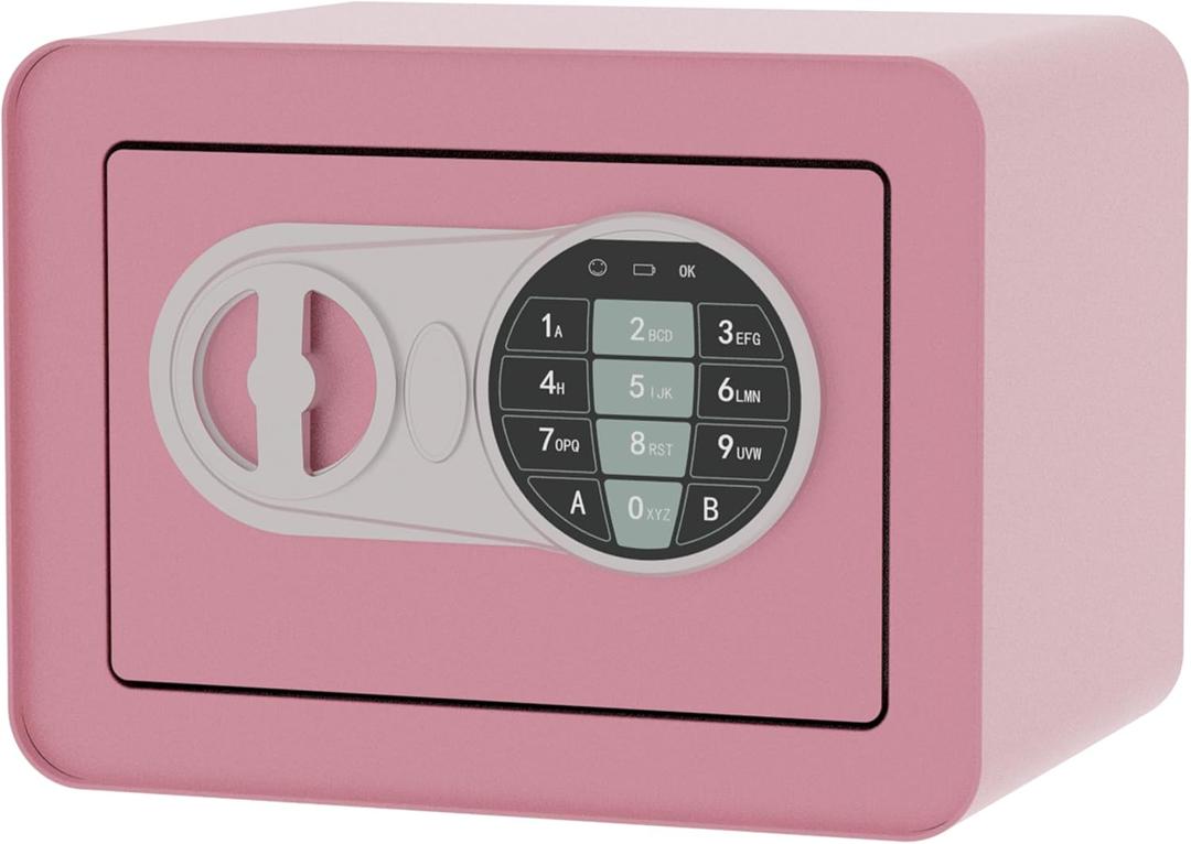 OUSURO Small Safe Box  Home Safe for Money Jewelry Documents, Solid Lock Box, Mini Security Box with Digital Electronic Security Keypad for Home Office Hotel (Pink)