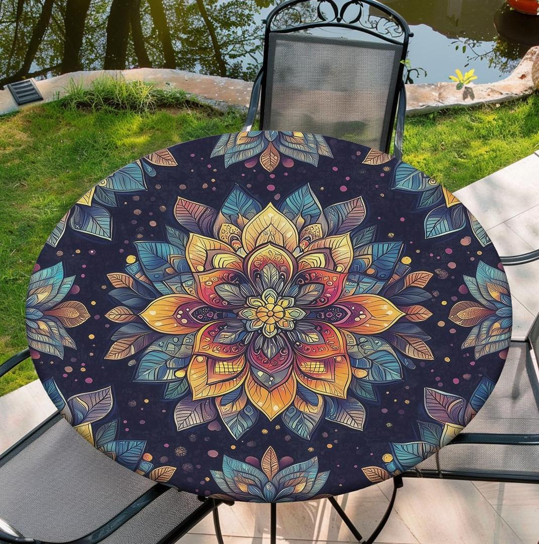 Round Tablecloth Stretch Round Fitted Tablecloth with Elastic, Boho Waterproof Table Cloth for 42"-46" Round Table, 48Inch