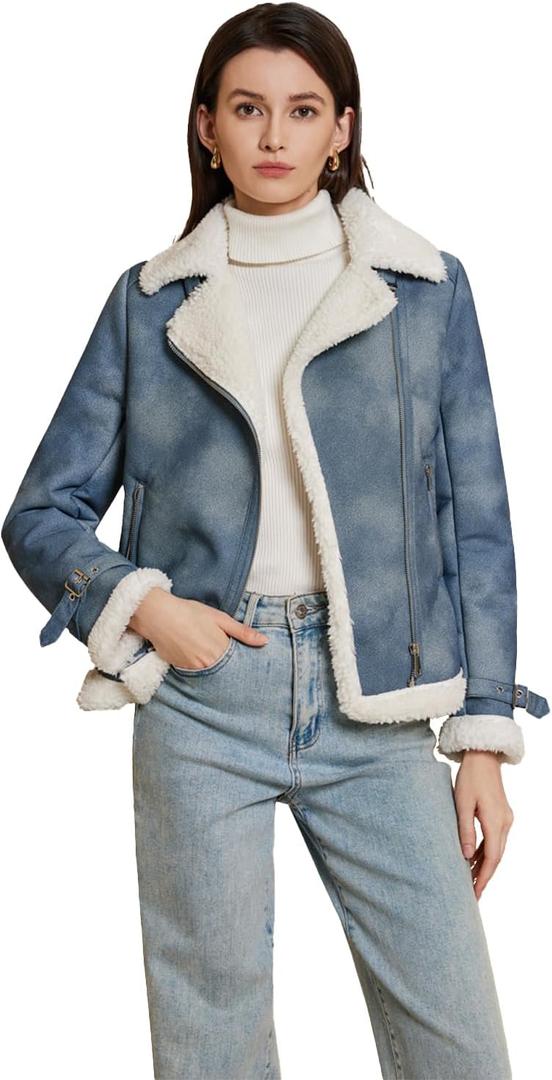 DIASHINY Women's Faux Shearing Fur Winter Coat Warm Thick Fur Lined Faux Leather Jacket (177 Denim Blue, Small)