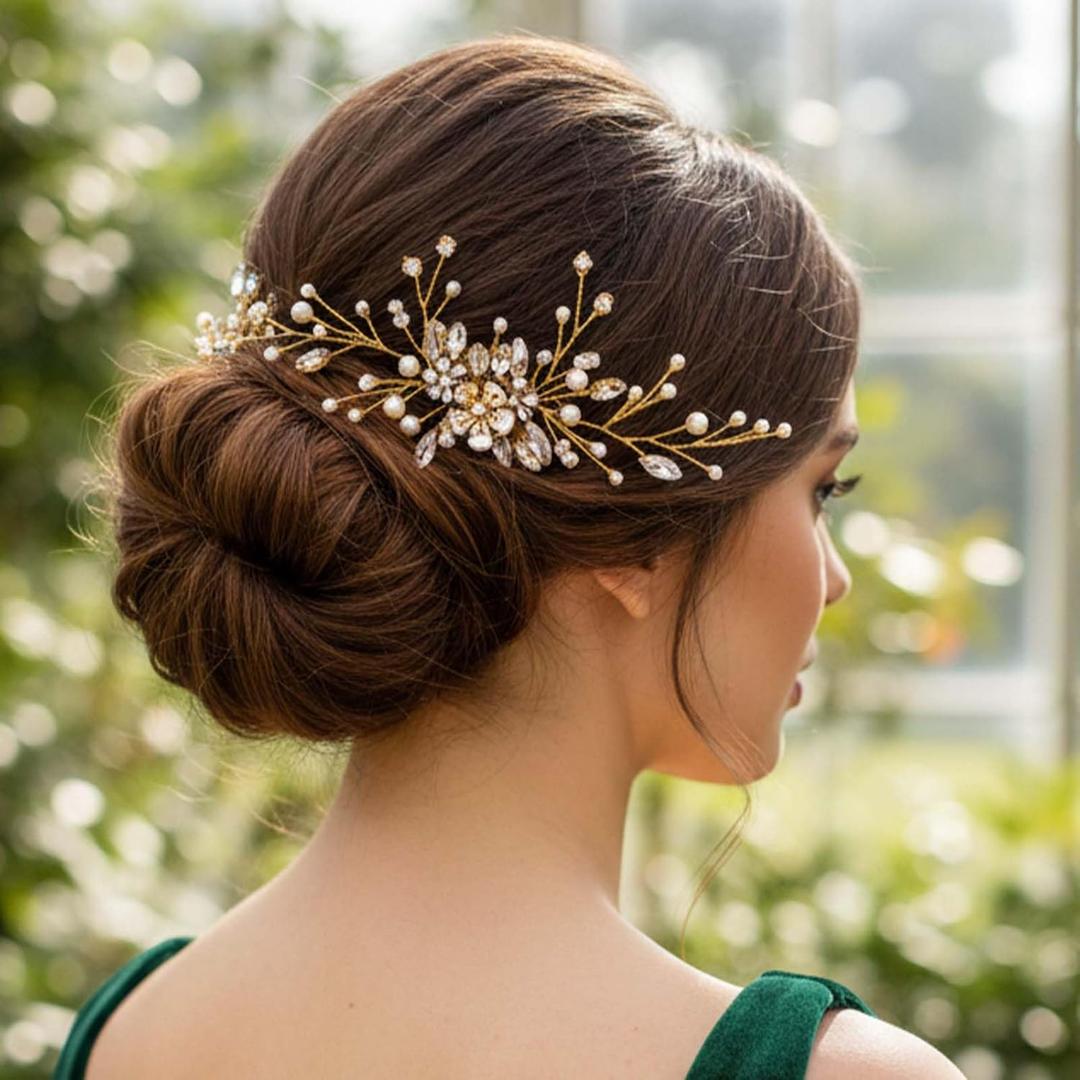 Bridal Hair Pins Set, Rhinestone Side Comb, Gold Butterfly with Pearls and Crystals, Wedding Hair Accessories (Gold D)