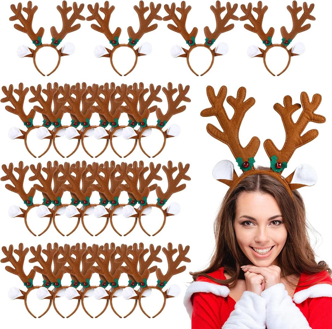 Yunsailing 20 Pcs Large Reindeer Antlers Headband Bulk Christmas Deer Antlers Headbands Reindeer Headpiece Deer Costume Headwear for Adults and Kids Christmas Party Cosplay Decoration