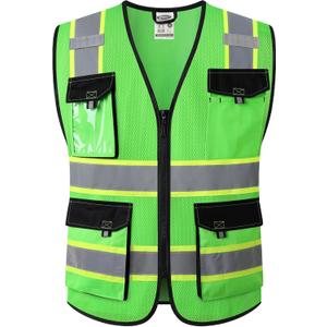 JKSafety Hi Vis Reflective Safety Vests for Men Women High Visibility Vest with Pockets Mesh Fabric Construction Safety Apparel Neon Vest for Work (220-Green XL)