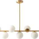 KCO Lighting Modern Brass Linear Chandelier Pendant Light 7-Lights Gold and White Glass Pendant Lighting Mid Century Globe Dining Light Fixture for Living Room Kitchen