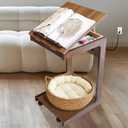 C Shaped End Table with Charging Station, Small Side Table for Couch, C Table with Wheels and Adjustable Desktop, Wooden Couch Table for Living Room, Bedroom (Brown)