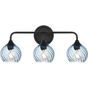 MELUCEE 25 Inch Bathroom Light Fixtures Black, 3-Light Vanity Lights with Blue Striped Swirl Glass Shade, Mid-Century Modern Bathroom Vanity Light Over Mirror