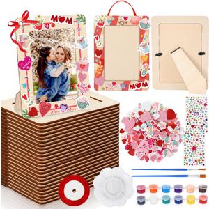 FULJOOY 24 Packs Mother's Day DIY Wooden Picture Frames Painting Craft Kit with Heart Foam Stickers Ribbon Rhinestone Sticker Tools Set Brush Unfinished Picture Photo Frames Decoration for Kids Paint