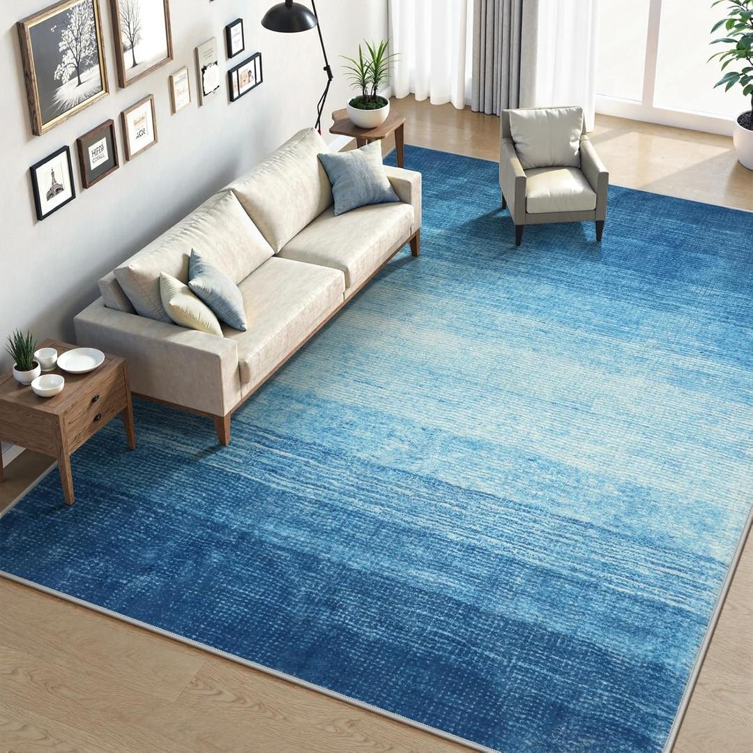 Wonnitar Modern Ombre Washable Area Rug, Blue 9x12 Large Living Room Rug, Non-Slip Soft Dining Room Rug for Under Table, Ultra-Thin Gradient Accent Carpet for Bedroom Mud Room (Blue, 9'x12')