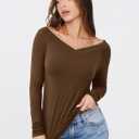 MIHOLL Womens Long Sleeve Off The Shoulder Tops Y2K Going Out Slim Fit Crop V Neck Shirts Fall Fashion Clothes Outfits