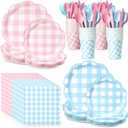 350 Pcs Baby Gender Reveal Plates and Napkins Set Gender Reveal Decorations Includes Pink and Blue Plates Napkins Cups Spoons Forks Knives for Baby Shower Birthday Gingham Party Supplies