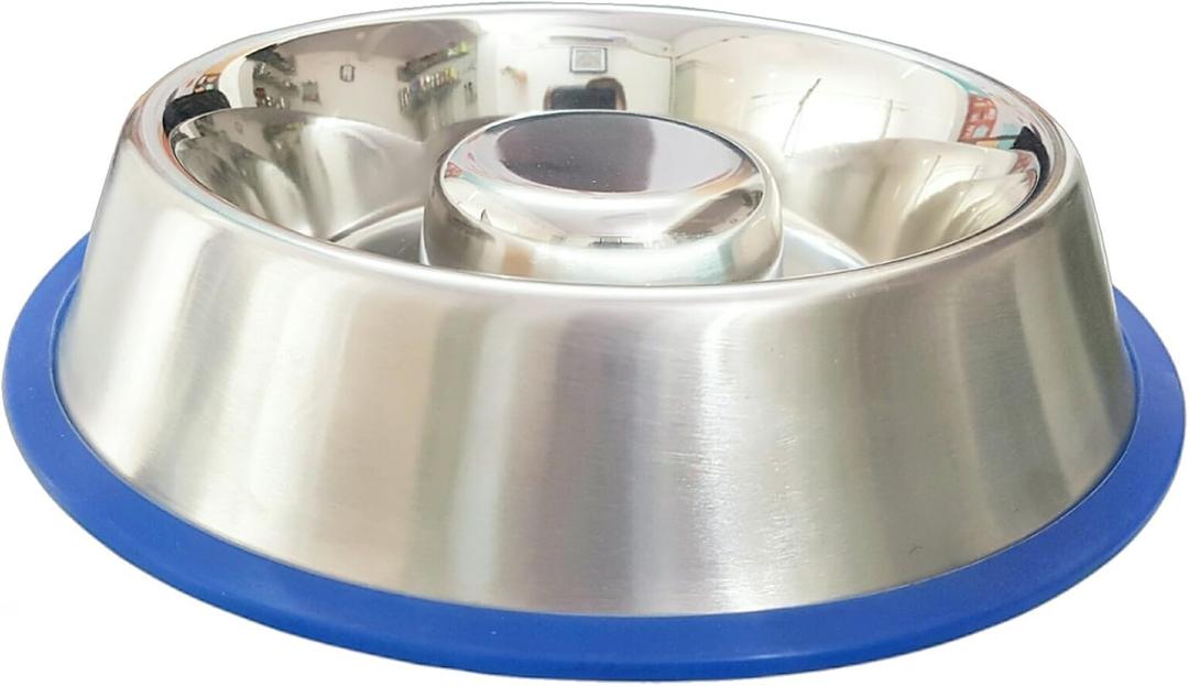 Mr. Peanut's Stainless Steel Interactive Slow Feed Dog Bowl with a Blue Silicone Base, Fun Healthy Bloat Stop Feeder (Small)