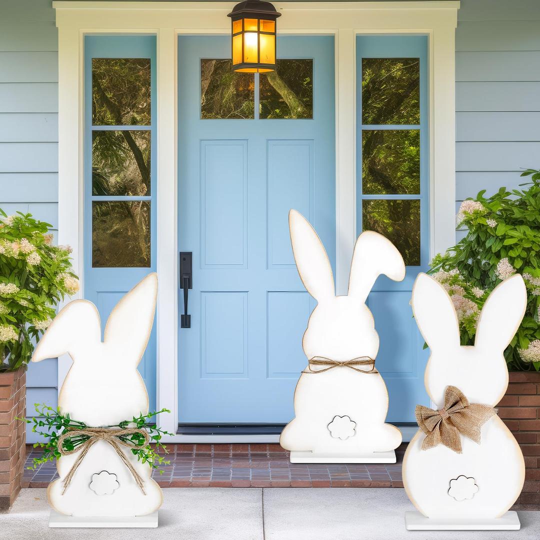 Vercraft 3 Pcs Outdoor Easter Decorations for Porch Large Easter Wooden Bunny Porch Sign Cute Pink Bunny with Flower Standing Sign Party Spring Decor for Front Door Yard Garden 15.75, 19.7, 23.6 Inch