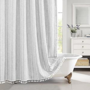 MitoVilla Boho Farmhouse Shower Curtains for Modern Farmhouse Bathroom Decor, Grey Country Thick Polyester Linen Fabric Shower Curtain, Rustic Tassel Cloth Shower Curtain, 72 x 72, Light Grey