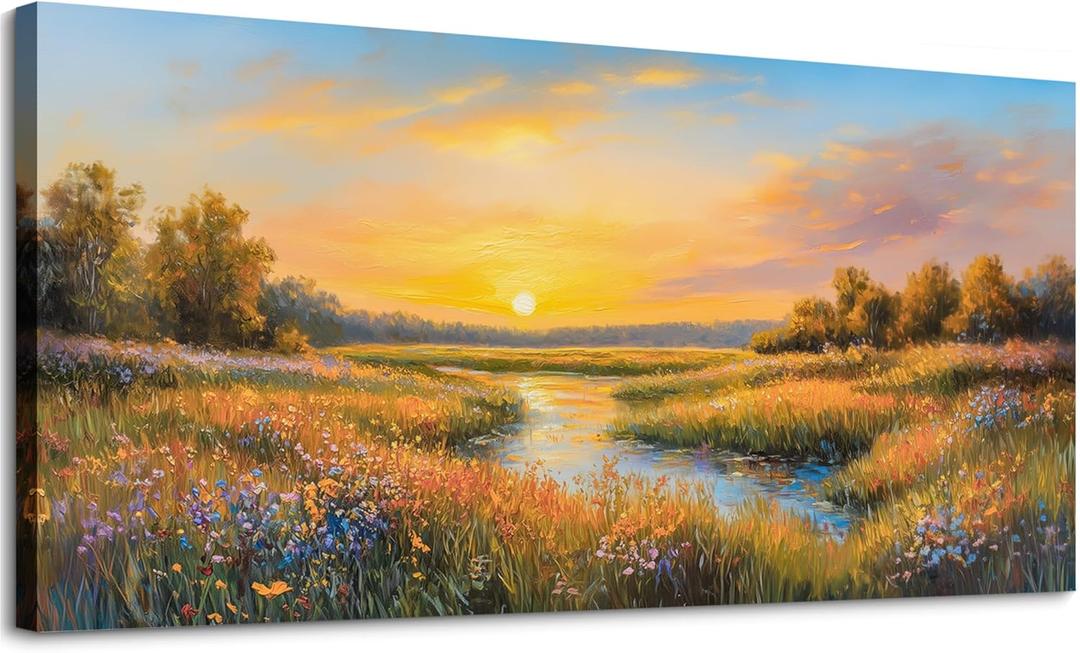 SLYCAY Large Wall Art for Living Room, Nature Golden Sunset Landscape Painting, River Meadow Wildflower Canvas Prints, Marshland Scenery Farmhouse Decor Bedroom Dining Room Kitchen 24"X48"