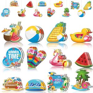 Sintuff 36 Pieces Summer Wooden Hanging Ornaments for Tree Summer Decorations Hawaiian Beach Wood Pendant Decor Watermelon Flamingo Decorations for Luau Seaside Party Supplies