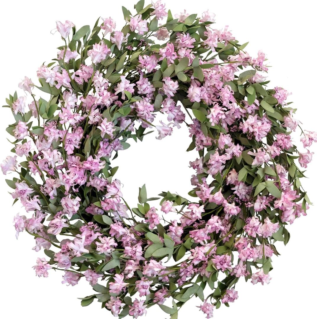 22 Inch Spring Summer Forsythia Flower Wreath with Soft Touch Leaves for Front Door, Everyday Light Purple Flower Wreath for Indoor Outdoor, Everyday Floral for Home Decor