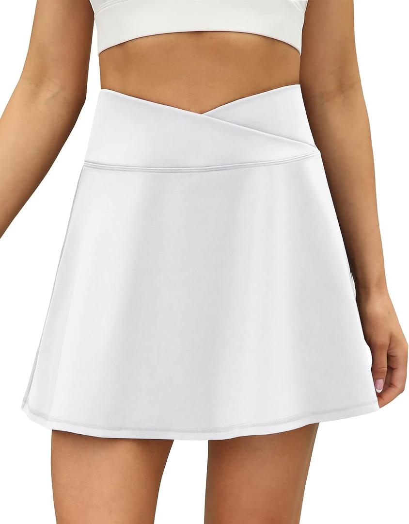 LouKeith Tennis Skirts for Women Pleated Crossover High Waisted Athletic Workout Golf Skorts Skirts with Shorts Pocket (White, M)