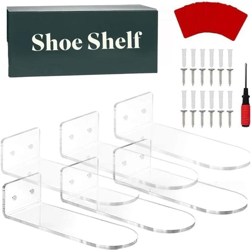 6 pcs Upgraded Acrylic wall mounted shoe rack, Acrylic shoe shelf for wall, Durable 5mm Thick Design, Holds Up to 5 lb, Perfect for Entryway, Bedroom Decor - Stylish Transparent Display Rack for Shoes
