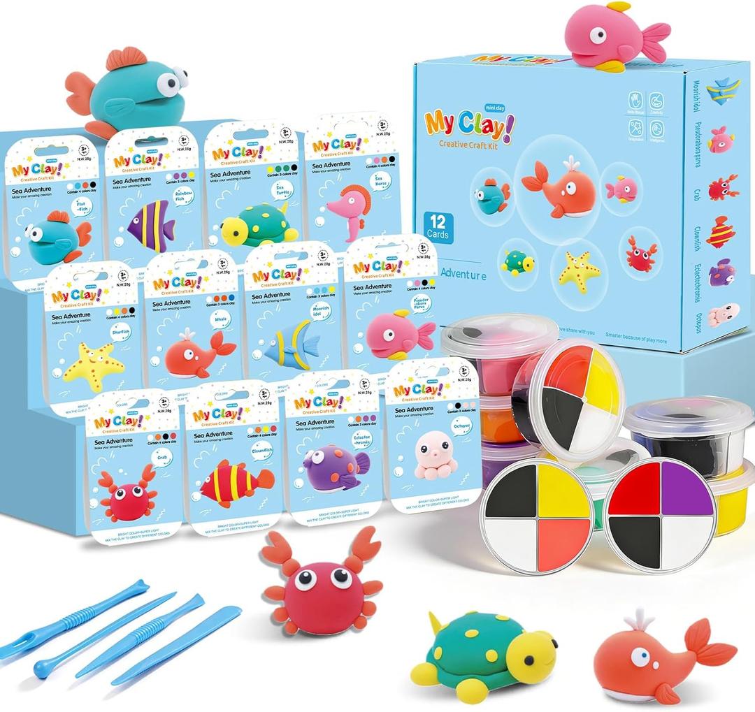 Air Dry Clay Kit for Kids -12 Marine Animals Theme Colored Clay Sculpting kit, Ultra Light DIY Model Magic Clay with Sculpting Tools and Tutorials, Soft & Non-Sticky, Arts and Crafts Gift for Kids