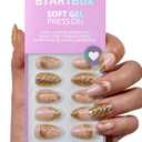 BTArtbox Press On Nails Short - 3D Gold Sculpting Almond Press On Nails with Glue for Women, Opaque Soft Gel Glue On Nails in 16 Sizes - 32 Stick On Nails Kit, Metalhead