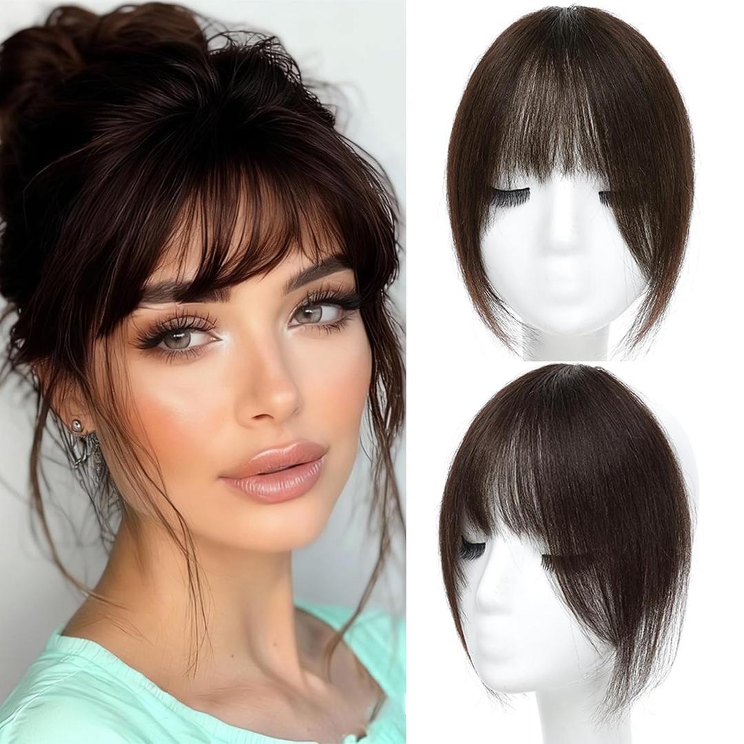 Clip in Bangs, 100% Real Human Hair French Fake Bangs Hair Clip for Women Dark Brown Natural Curtain Fringe with Temples Hairpieces for Daily Wear (French, Dark Brown）