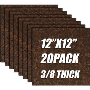 20 Pack Natural Cork Board Tiles 12" x 12" x 3/8'' Thick Dark Brown Corkboard Square Bulletin Board Wall Tiles for Pinning Photo Notes DIY Panels for Home Office Classroom Decor