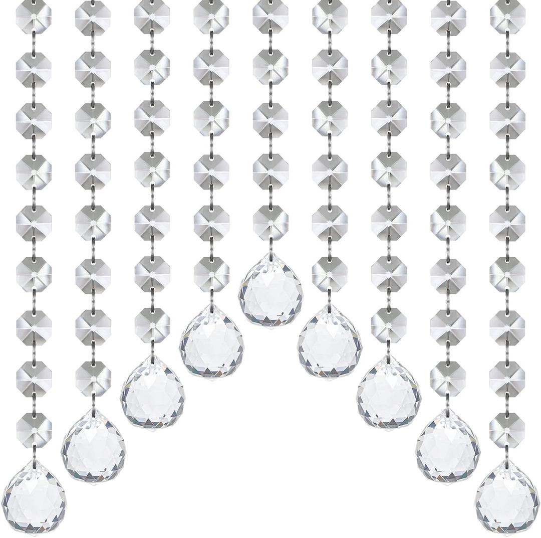Jishi 33ft Crystal Garland Strands, String of Beads w/Crystal Ball Prism Pendant, Hanging Crystals for Decoration for Centerpieces Chandeliers Christmas Ornaments, Clear Acrylic Diamond Beaded Chains